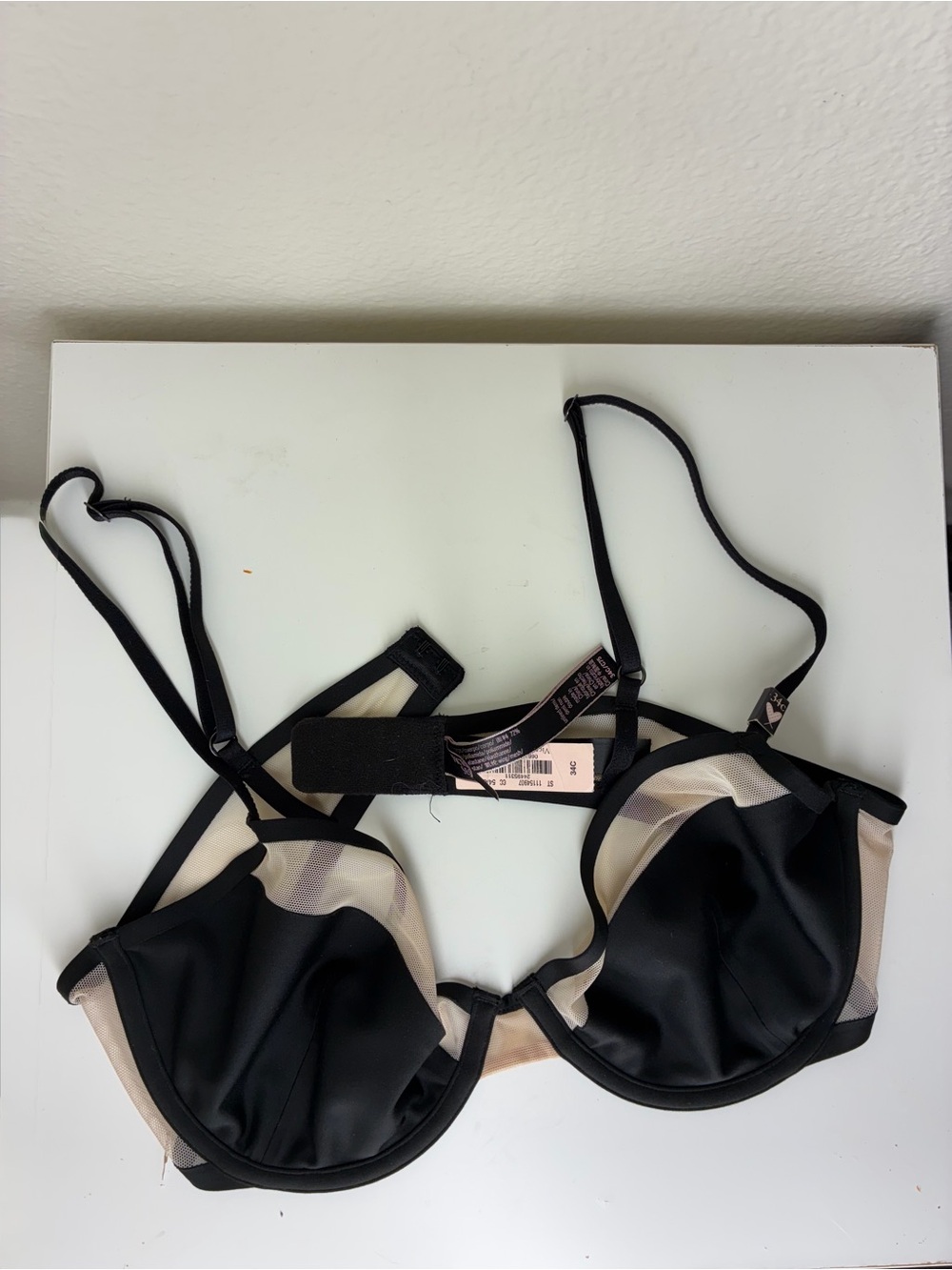 NWT Victoria's Secret Unlined Demi Black and Nude Mesh Underwire Bra, size 34C